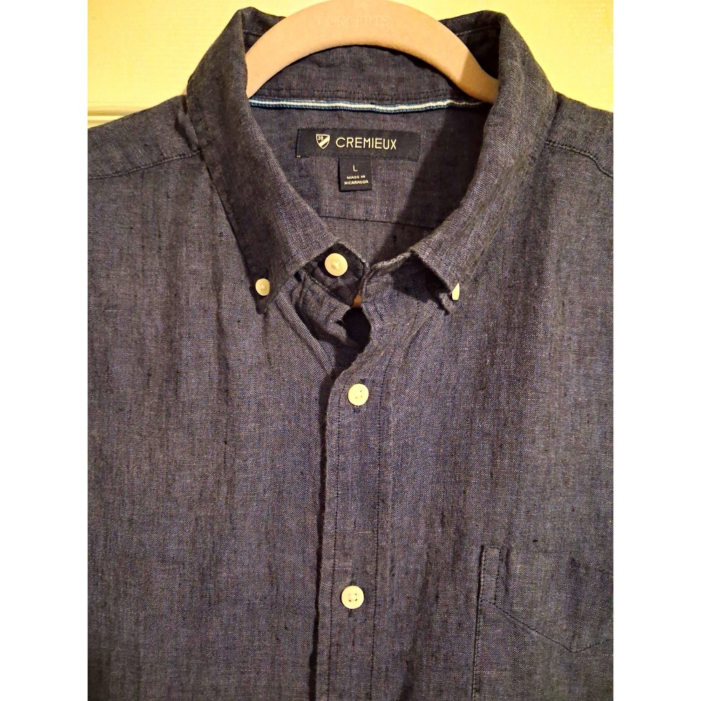 Cremieux Mens Large 100% Linen Shirt Navy Blue Button Down Coastal Preppy